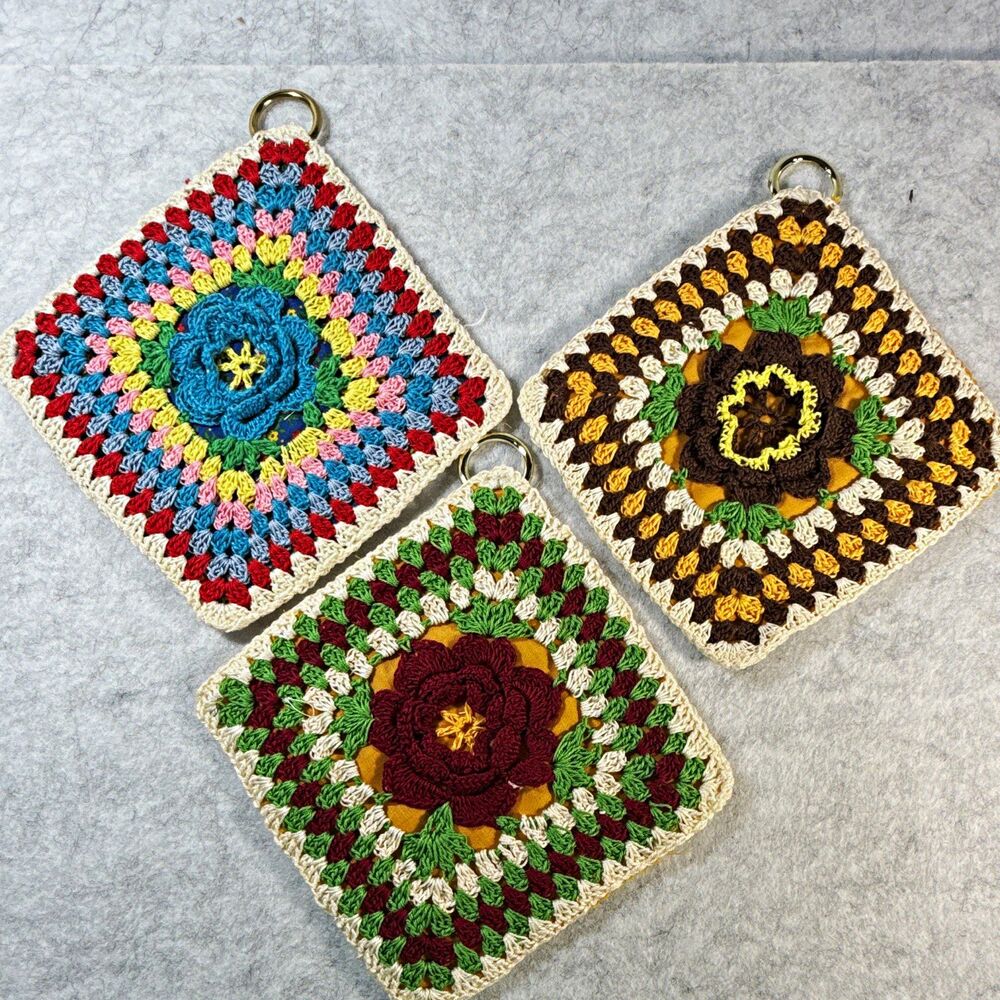 Handmade Crocheted Granny Square Potholders Set of 3 Multicolor w/ Rings